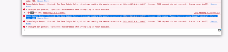 A screenshot of firefox console showing a Cross-Origin-Request Error